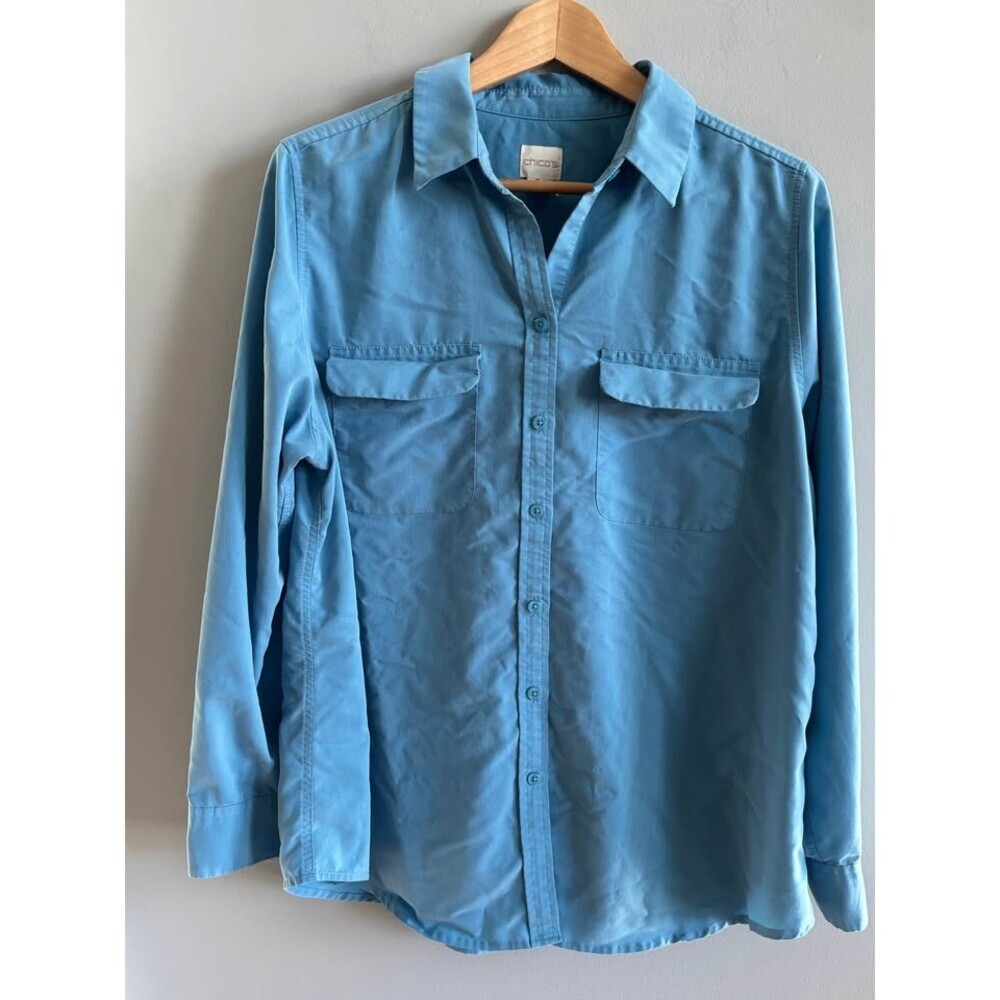 Chico's Women's Blue Utility Button Down Shirt Long Sleeve Pockets Size 2 (12/14